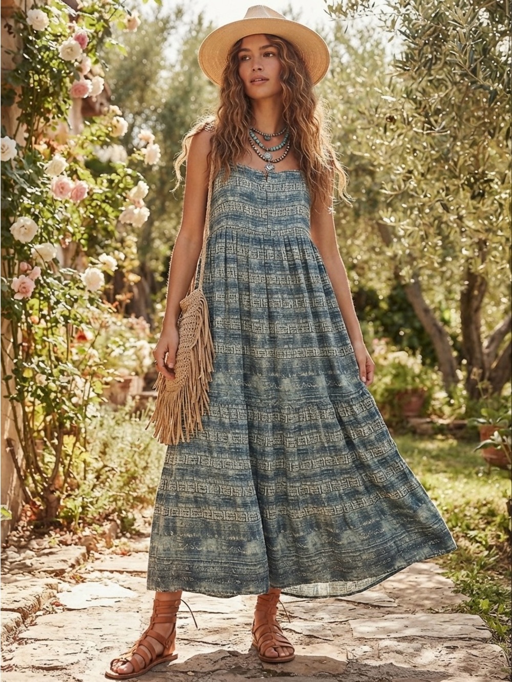 Free People Blue & Cream Tribal Print Tiered Maxi Dress
